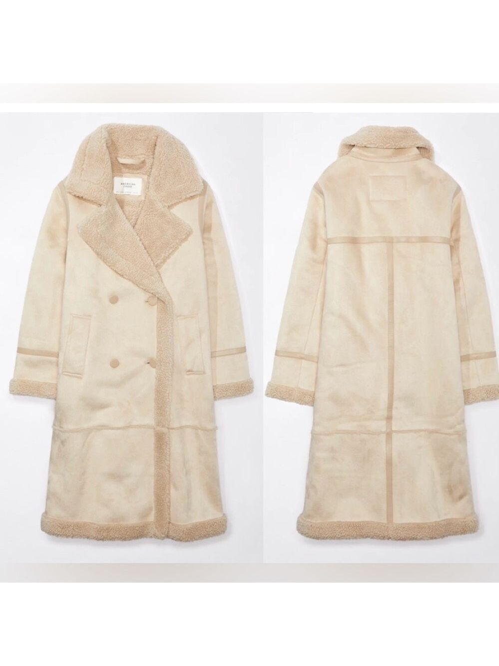 American Eagle double-breasted Vegan faux shearling coat light beige cream Sz L - Picture 14 of 14